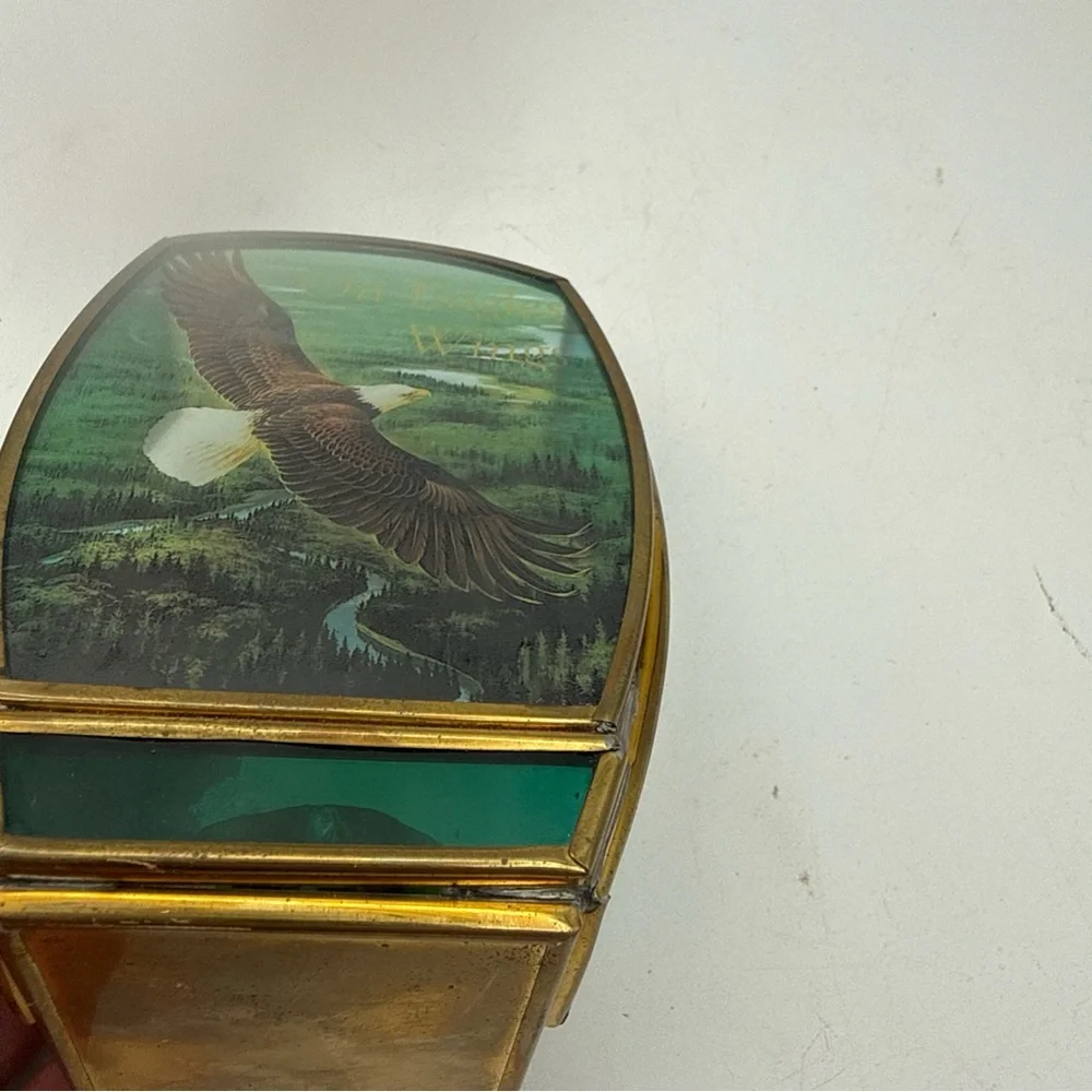 Enesco Stained Glass w/ brass Panel Candle Holder Bald Eagle on Eagles Wings